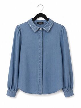 Badgley Mischka Light Blue Chambray Shirt with Crystal Studs
